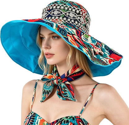Women's Foldable Floppy Sun Hats Reversible Vacation Beach Cap Summer Wide Brim UPF 50+ Travel Fishing Bucket Hat