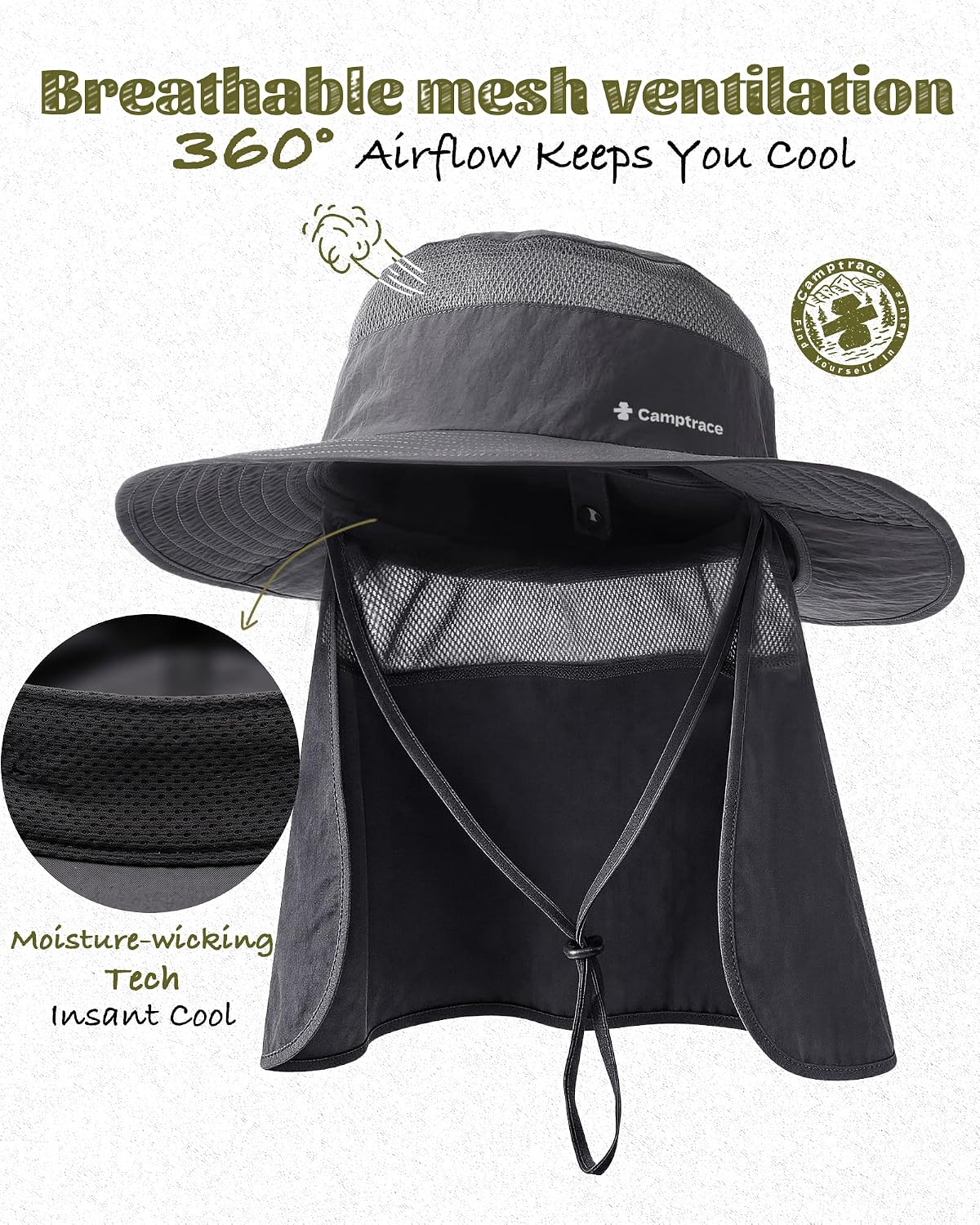 Camptrace Wide Brim Men Sun Hat with Neck Flap UPF Fishing Hiking Gardening