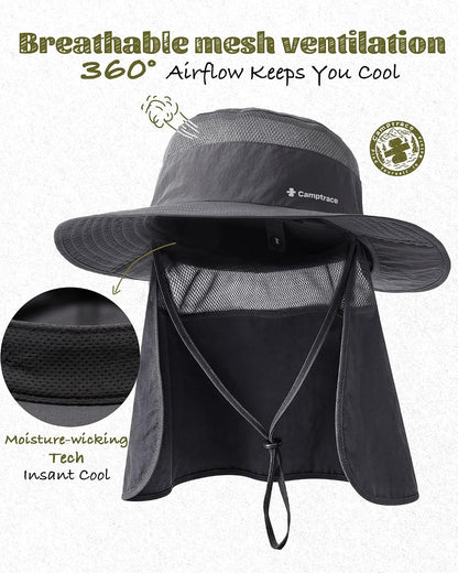 Camptrace Wide Brim Men Sun Hat with Neck Flap UPF Fishing Hiking Gardening