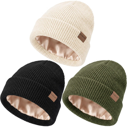 Satin Lined Beanie for Women Men Waffle Knit Winter Hats Thick Double Layer Warm Cuffed Silk Lining Cozy Soft