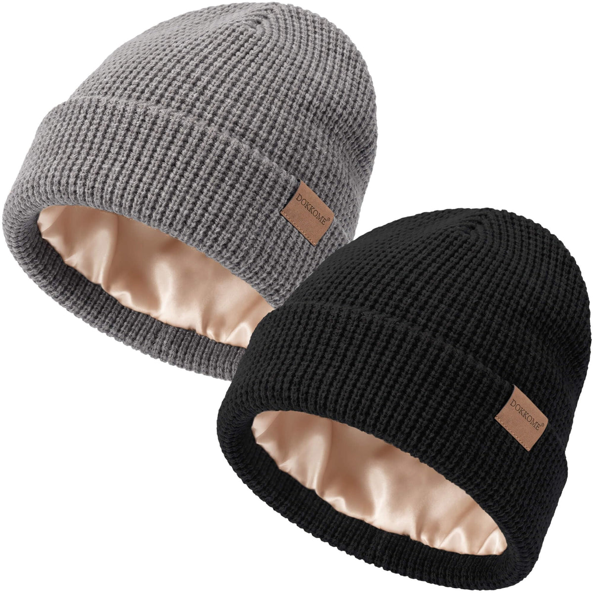 Satin Lined Beanie for Women Men Waffle Knit Winter Hats Thick Double Layer Warm Cuffed Silk Lining Cozy Soft