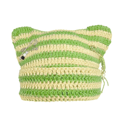 Cat Ear Beanie for Women, Y2K Striped Slouchy Crochet Goth Style with DIY Accessories, Cute Knit Hat with Ears