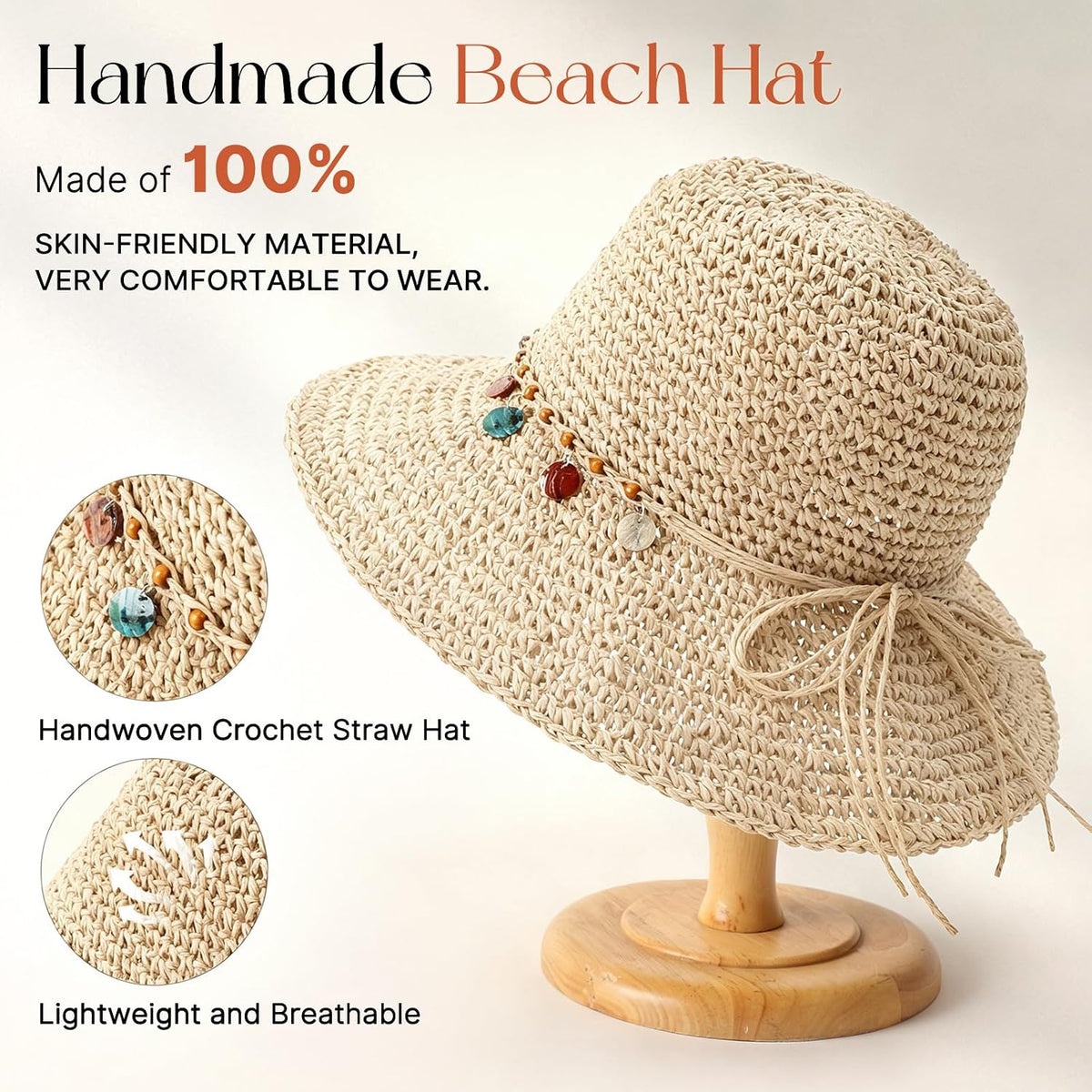 Beach Sun Hats for Women, Wide Brim Straw Hat, UPF 50+ UV Protection