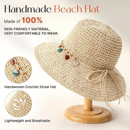 Beach Sun Hats for Women, Wide Brim Straw Hat, UPF 50+ UV Protection