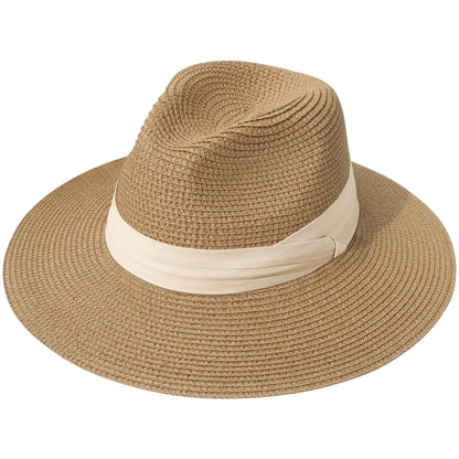 Lanzom Women Wide Brim Straw Panama Roll up Hat Fedora Beach Sun Hat UPF50+