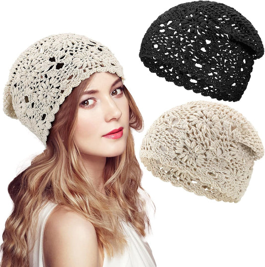 2 Pieces Floral Crochet Slouchy Beanie Hat Handmade Knit Cutout Women Floral Skull Cap Stretchy Knitted Crochet Hat for Women