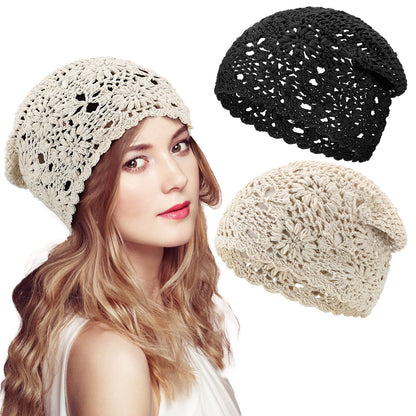 2 Pieces Floral Crochet Slouchy Beanie Hat Handmade Knit Cutout Women Floral Skull Cap Stretchy Knitted Crochet Hat for Women