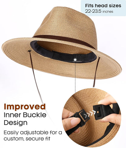 FURTALK Womens Sun Hat Summer Straw Beach Hats UPF 80+ Wide Brim Panama Fedora Hats with Wind Lanyard