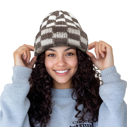 CLAPE Womens Cute Slouchy Beanies Hats, Winter Warm Chunky Checkered Beanie Large Cuff Knitted Hat Ski Cap for Cold Weather