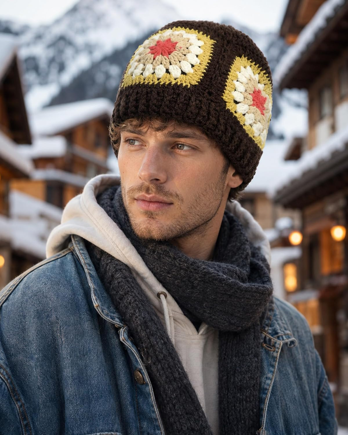 Floral Beanie for Women Granny Square Crochet Knit Warm Hat