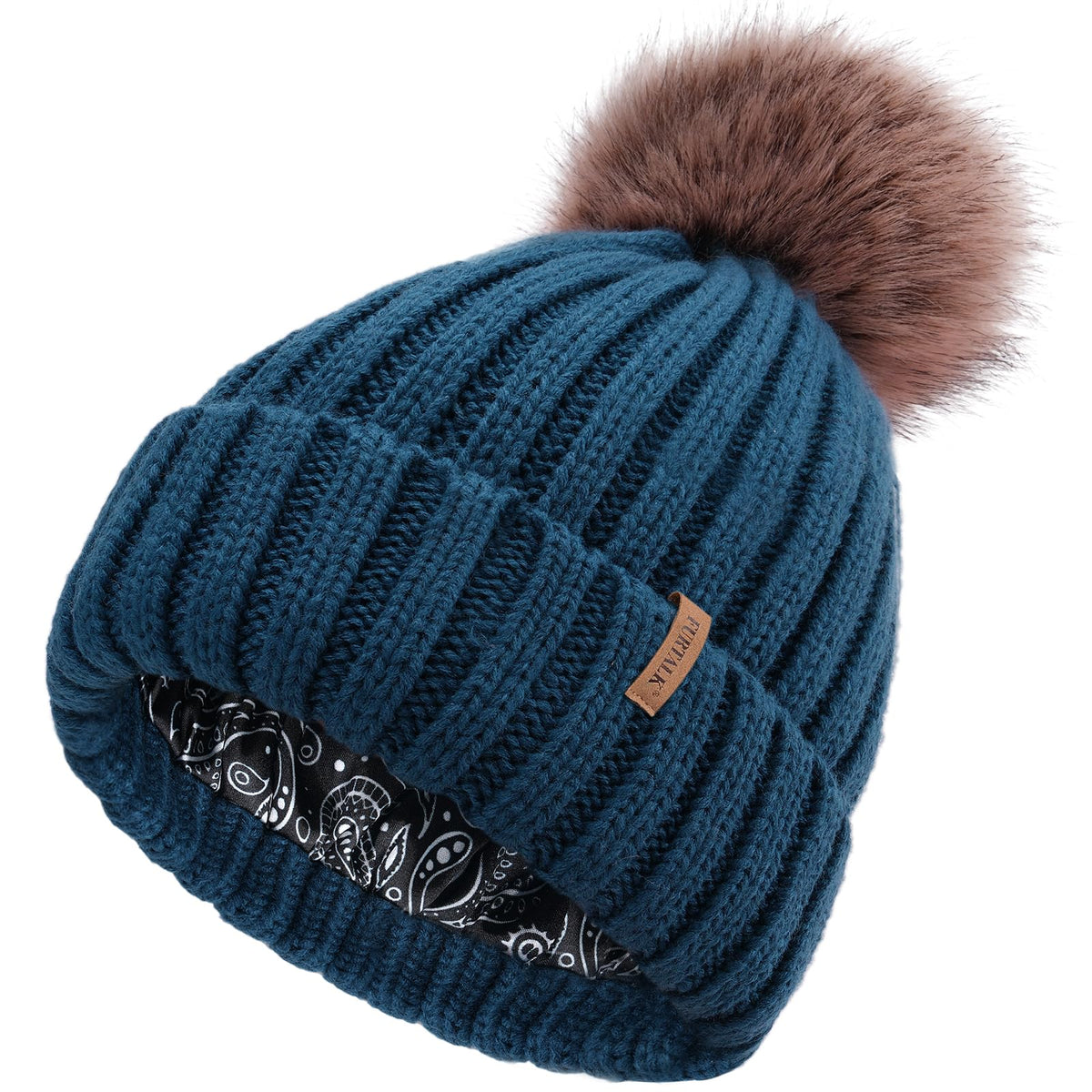 FURTALK Womens Winter Beanie Hat Satin Lined Faux Fur Pom Pom Beanies Hat for Women Winter Warm Knit Hats