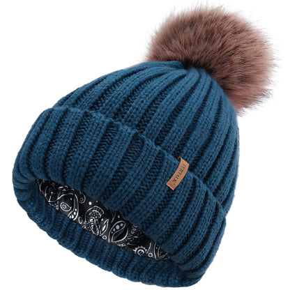 FURTALK Womens Winter Beanie Hat Satin Lined Faux Fur Pom Pom Beanies Hat for Women Winter Warm Knit Hats