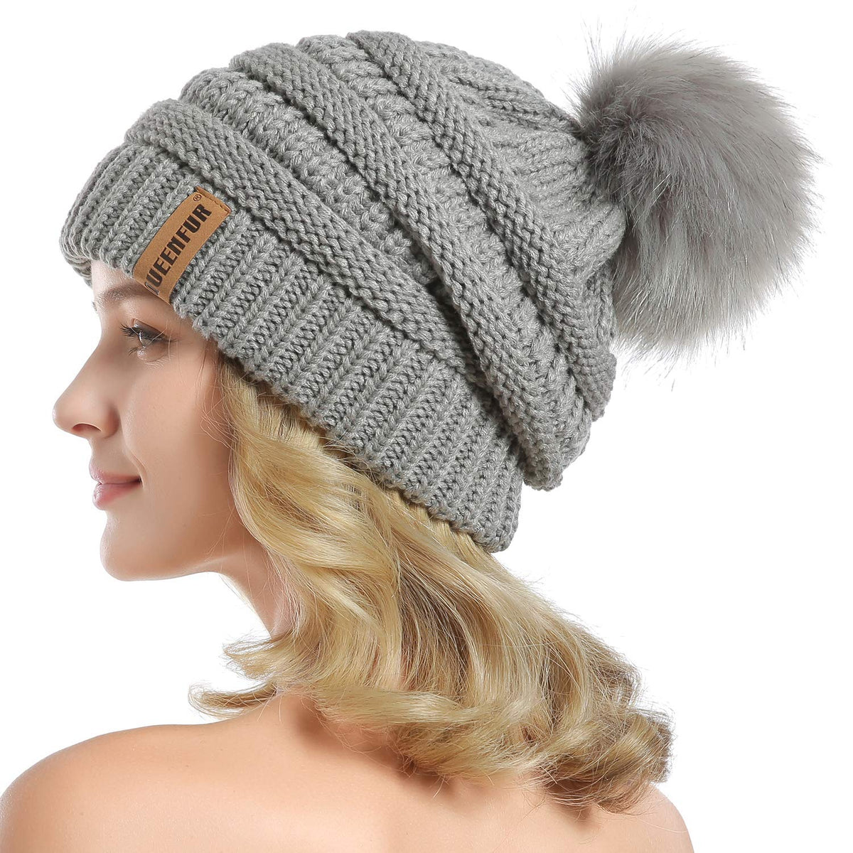Women Knit Slouchy Beanie Chunky Baggy Hat with Faux Fur Pompom Winter Soft Warm Ski Cap