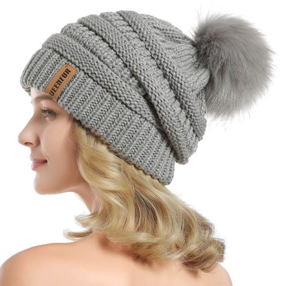 Women Knit Slouchy Beanie Chunky Baggy Hat with Faux Fur Pompom Winter Soft Warm Ski Cap