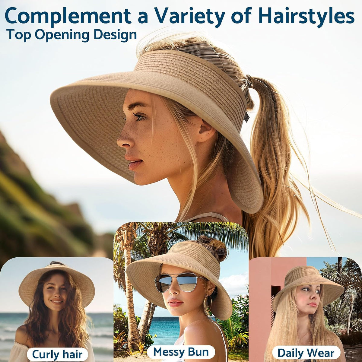 NPJY Sun Hats for Women Wide Brim Roll-Up Ponytail Packable Straw Visor