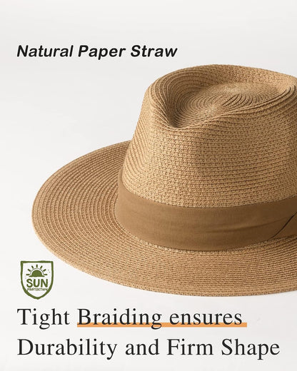FURTALK Sun Hat Wide Brim Straw Fedora Panama Beach for Men Women