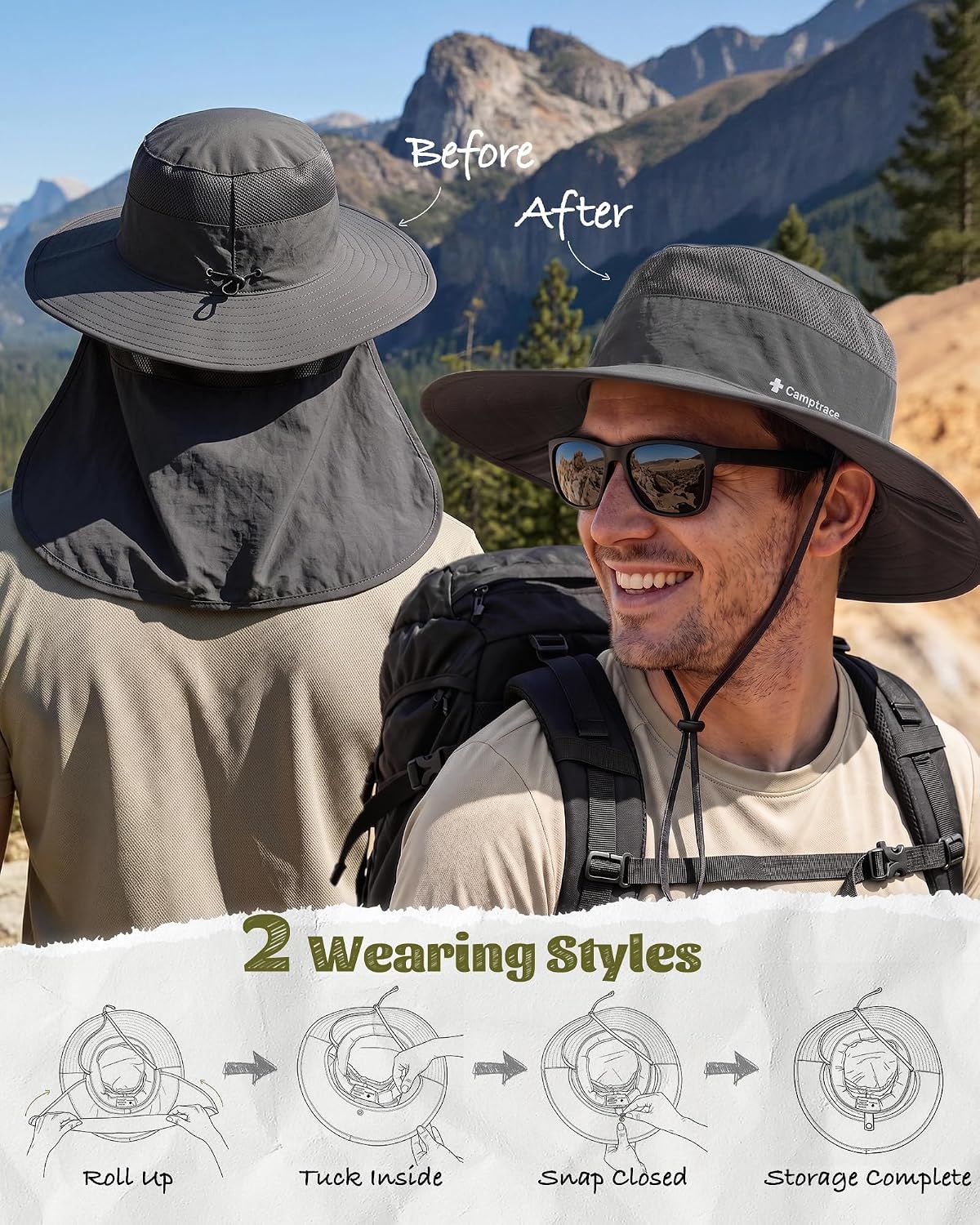 Camptrace Wide Brim Men Sun Hat with Neck Flap UPF Fishing Hiking Gardening