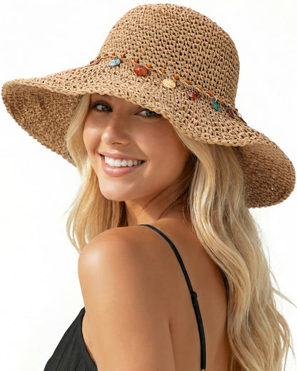 Trifabricy Beach Sun Straw Hats for Women, Wide Brim Sun Hat UPF Protection