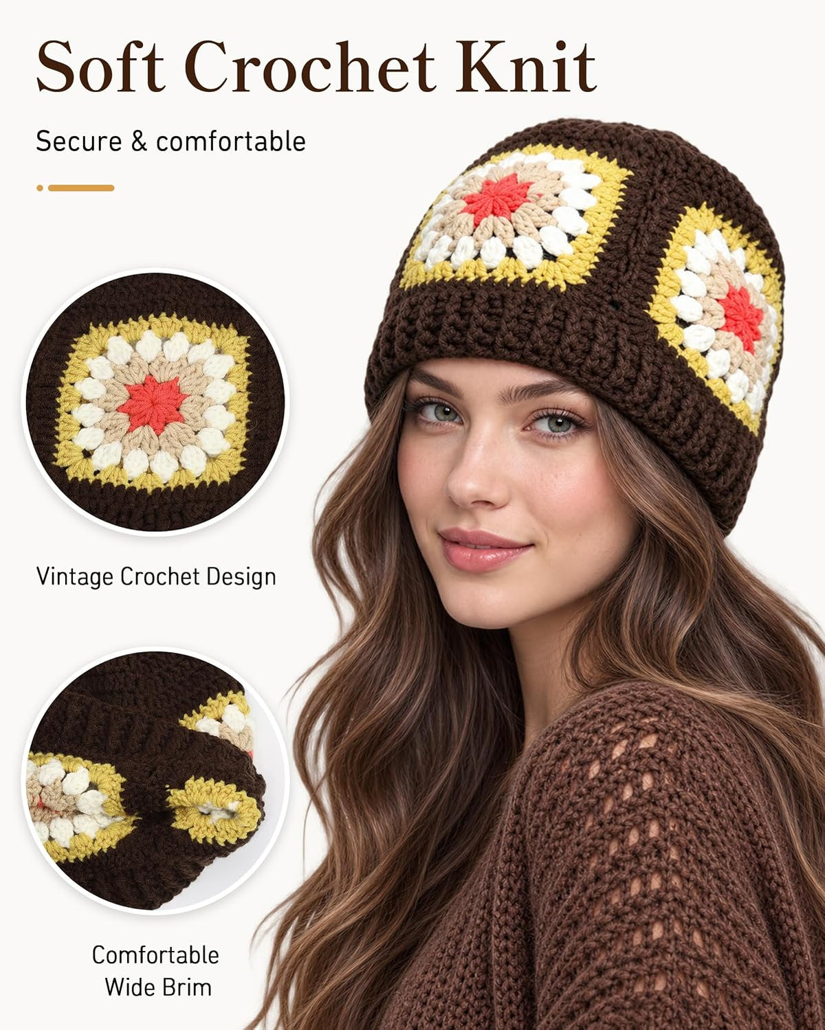 Floral Beanie for Women Granny Square Crochet Knit Warm Hat