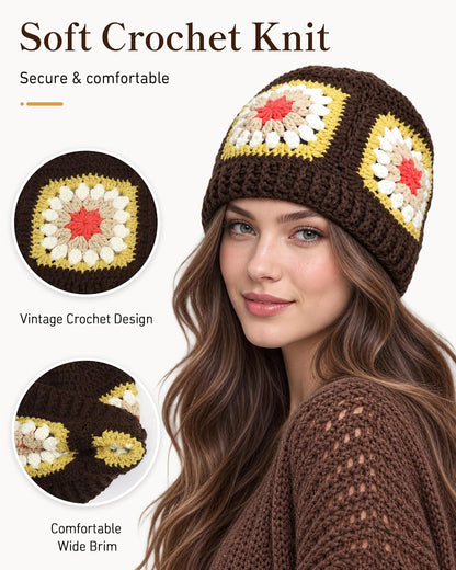 Floral Beanie for Women Granny Square Crochet Knit Warm Hat