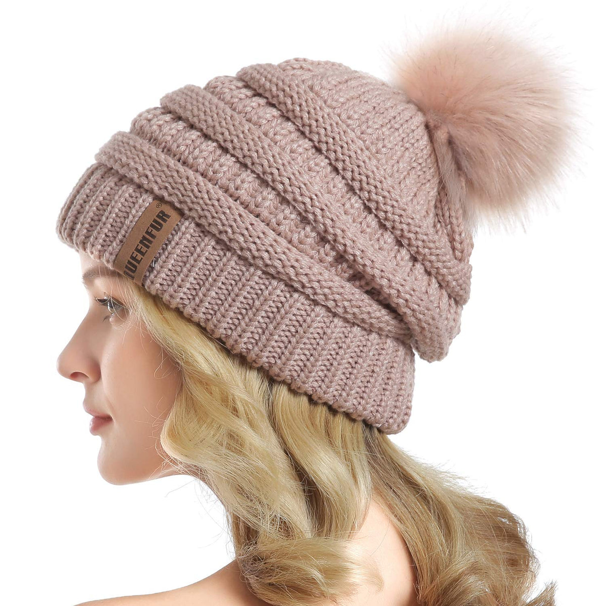 Women Knit Slouchy Beanie Chunky Baggy Hat with Faux Fur Pompom Winter Soft Warm Ski Cap