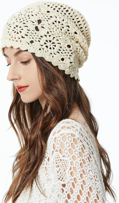 ZLYC Women Cotton Crochet Slouchy Beanie Hat Handmade Knit Summer Skull Cap
