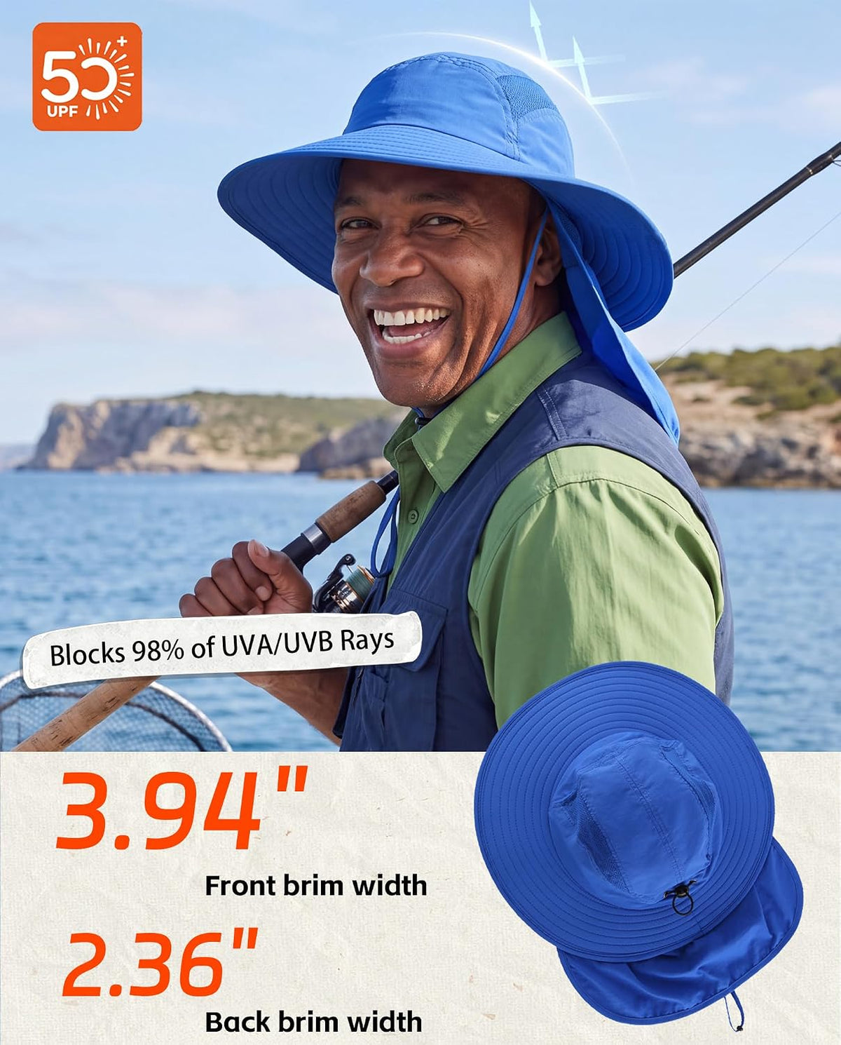 Home Prefer UPF 50+ Sun Hat with Neck Flap Wide Brim Fishing Hat for Men