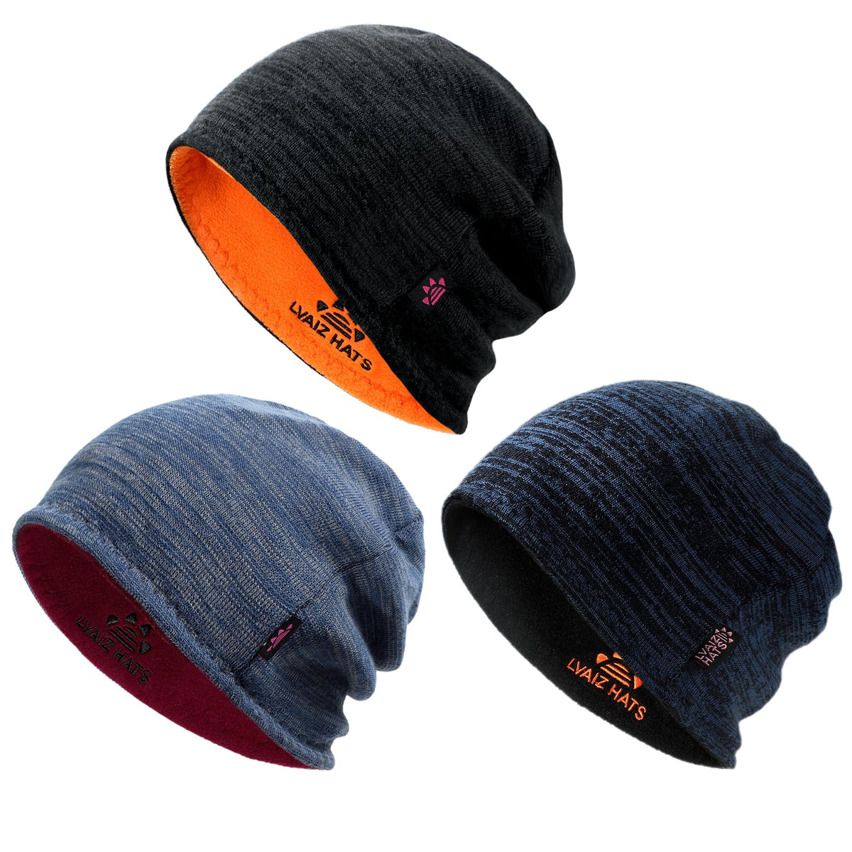 3 Pack Reversible Fleece Lined Beanie Hats for Men Women Winter Knit Hats