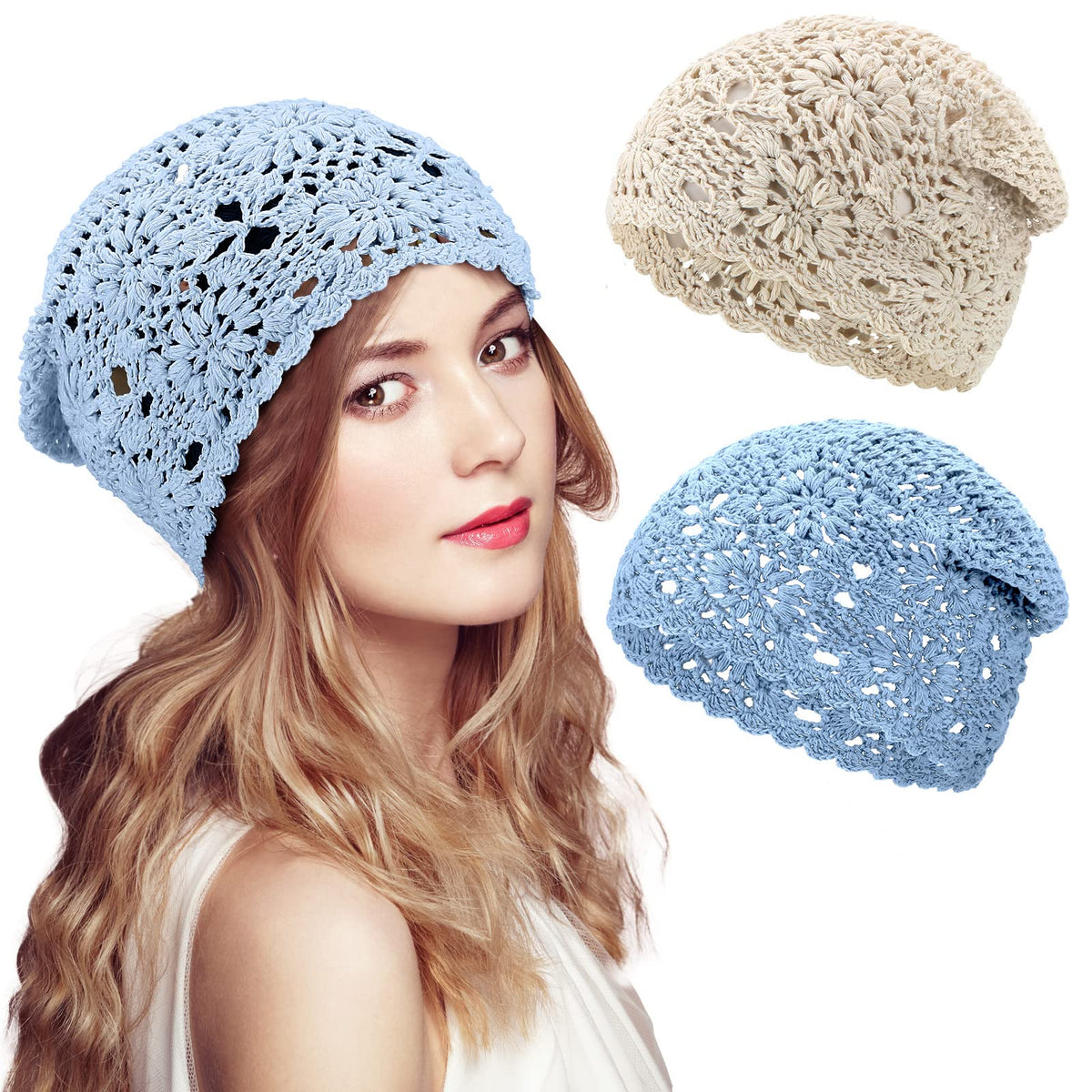 2 Pieces Floral Crochet Slouchy Beanie Hat Handmade Knit Cutout Women Floral Skull Cap Stretchy Knitted Crochet Hat for Women