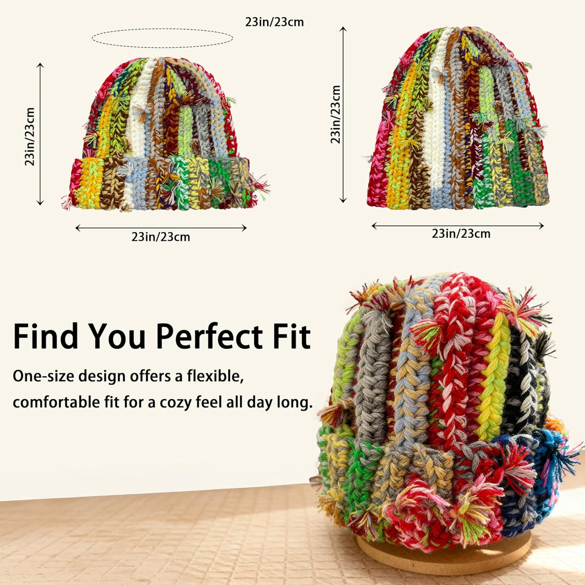 Womens Chunky Crochet Beanie Casual Cuffed Winter Hat with Boho Tassel Knot