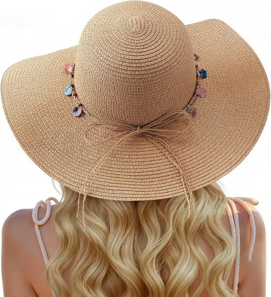 Trifabricy Beach Sun Straw Hats for Women, Wide Brim Sun Hat UPF Protection