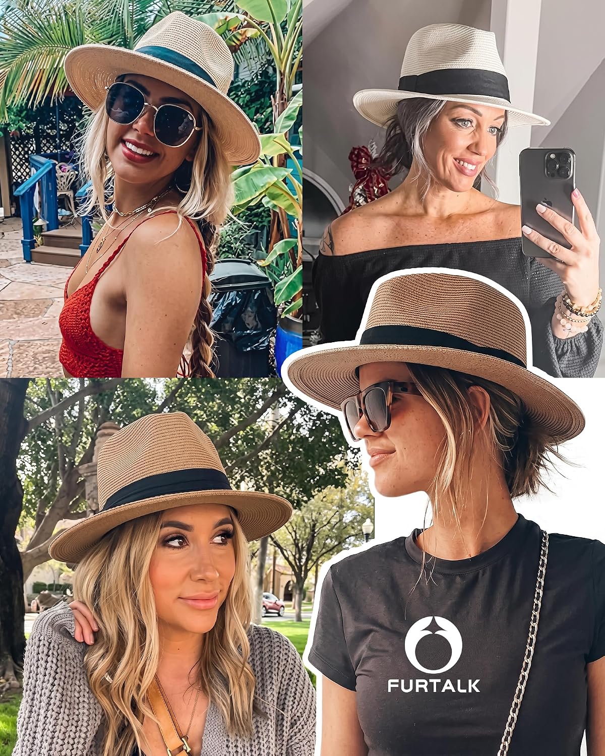 FURTALK Womens Mens Wide Brim Straw Panama Hat Fedora Summer Beach Sun Hat