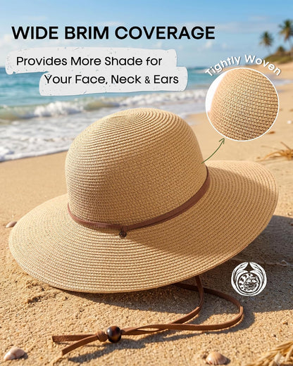 FURTALK Womens Wide Brim Sun Hat with Wind Lanyard UPF Summer Straw Sun Hats for Women