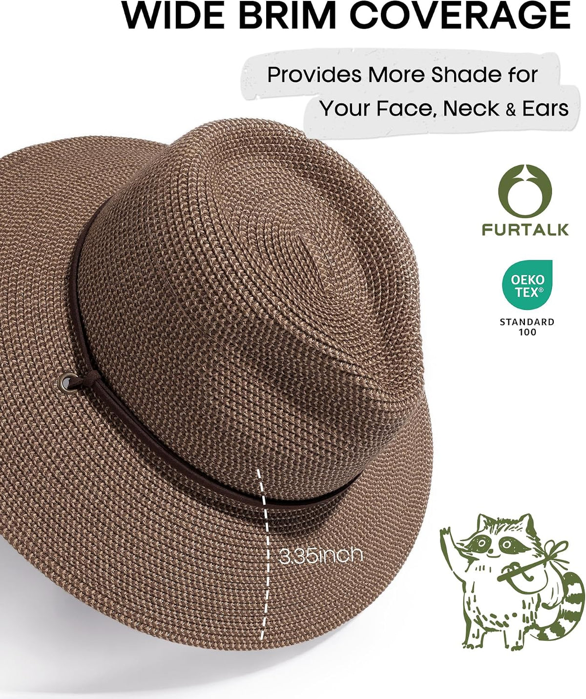 FURTALK Sun Hat Panama Fedora Straw Beach Hat with Wind Lanyard UPF