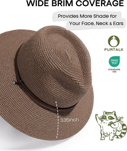 FURTALK Sun Hat Panama Fedora Straw Beach Hat with Wind Lanyard UPF