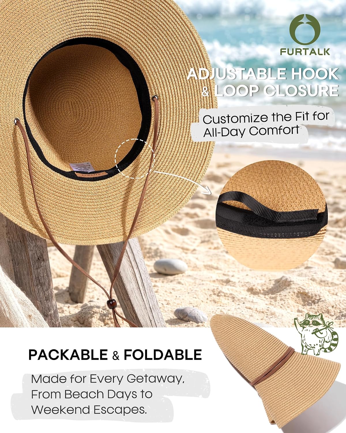FURTALK Womens Wide Brim Sun Hat with Wind Lanyard UPF Summer Straw Sun Hats for Women