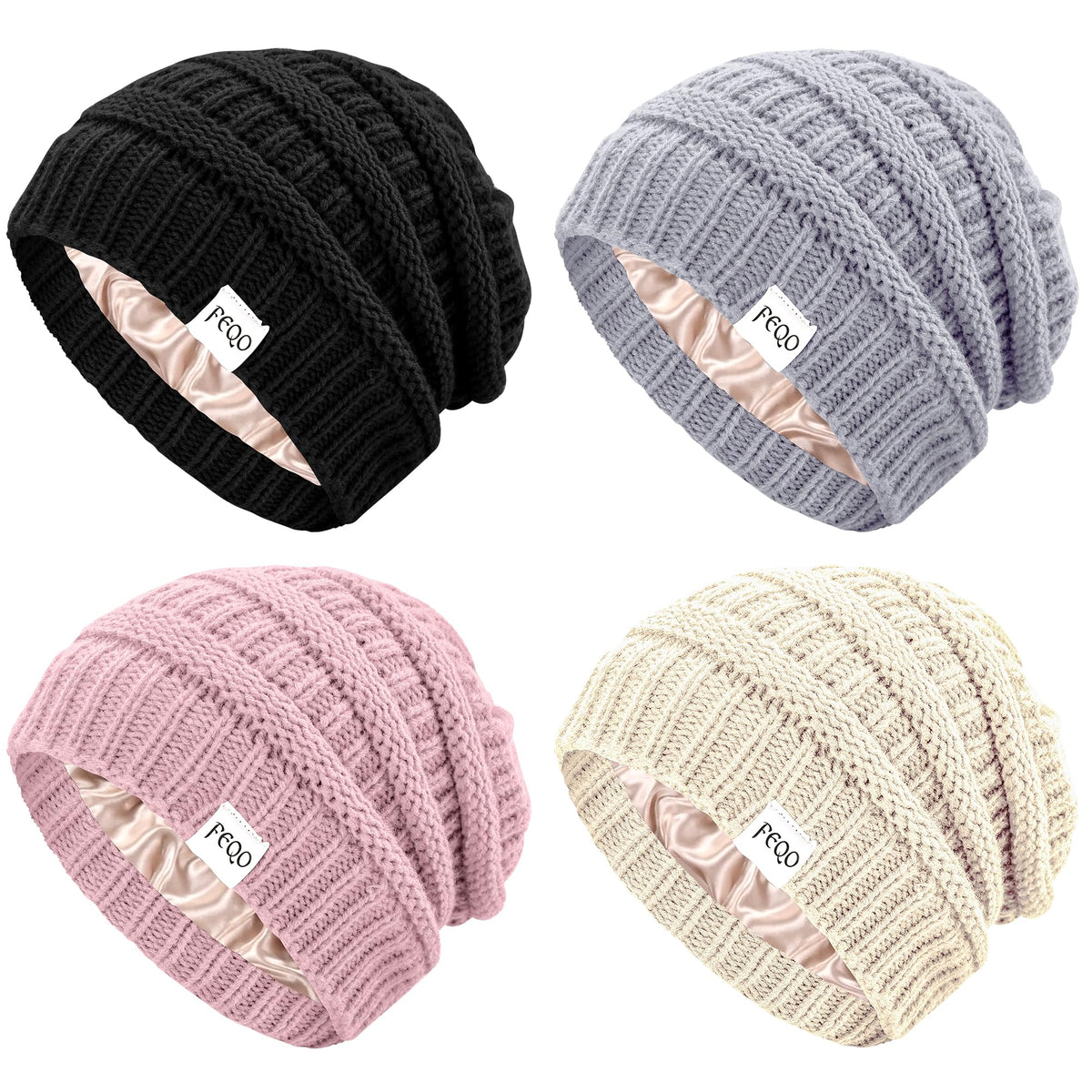 FEQO 4 Pack Satin Lined Beanies Slouchy Beanie Oversized Cable Knit Caps