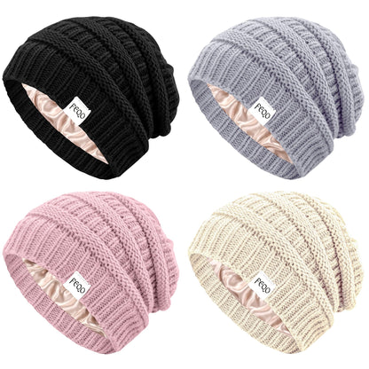 FEQO 4 Pack Satin Lined Beanies Slouchy Beanie Oversized Cable Knit Caps