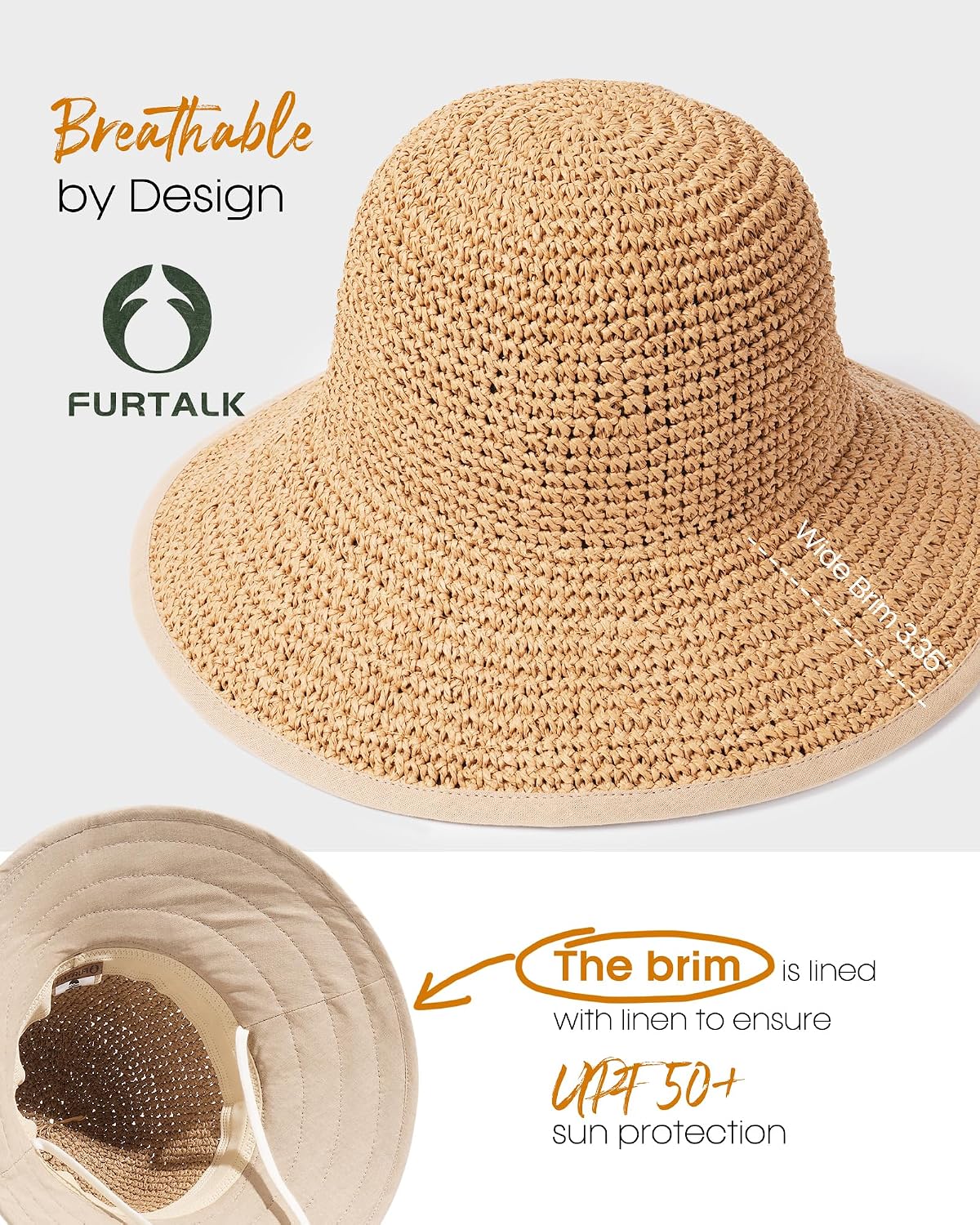FURTALK Summer Straw Beach Sun Hats for Women Wide Brim Packable Bucket Hat