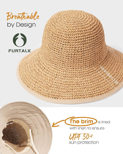 FURTALK Summer Straw Beach Sun Hats for Women Wide Brim Packable Bucket Hat