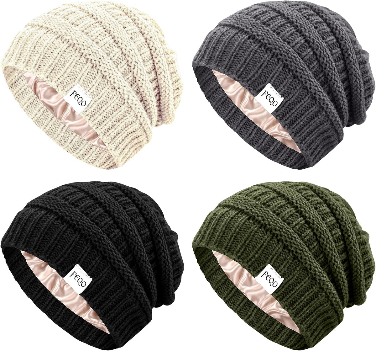 FEQO 4 Pack Satin Lined Beanies Slouchy Beanie Oversized Cable Knit Caps