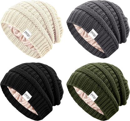 FEQO 4 Pack Satin Lined Beanies Slouchy Beanie Oversized Cable Knit Caps