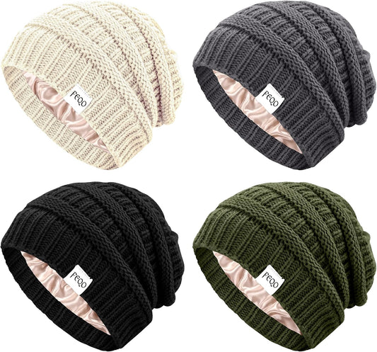 FEQO 4 Pack Satin Lined Beanies Slouchy Beanie Oversized Cable Knit Caps