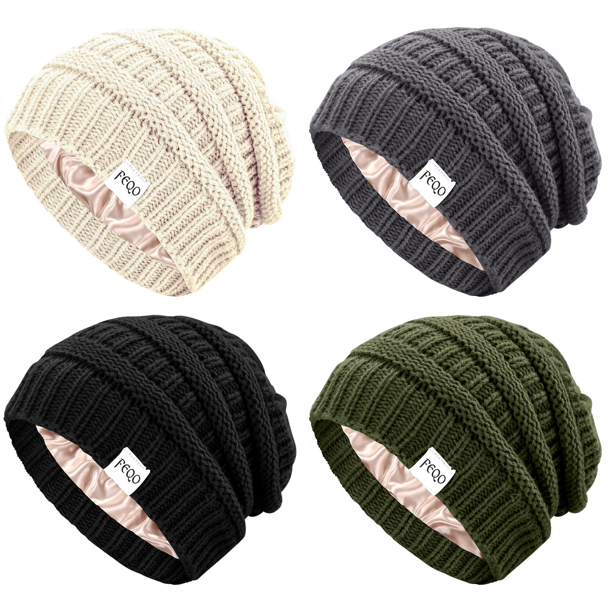 FEQO 4 Pack Satin Lined Beanies Slouchy Beanie Oversized Cable Knit Caps